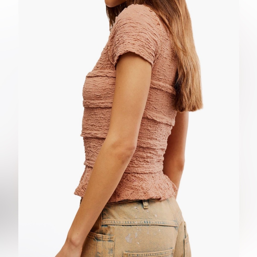 NWT Free People Ribbed Lace Krystal Tuscany Brown Ruffle T Shirt Tee Top Small - Picture 5 of 6